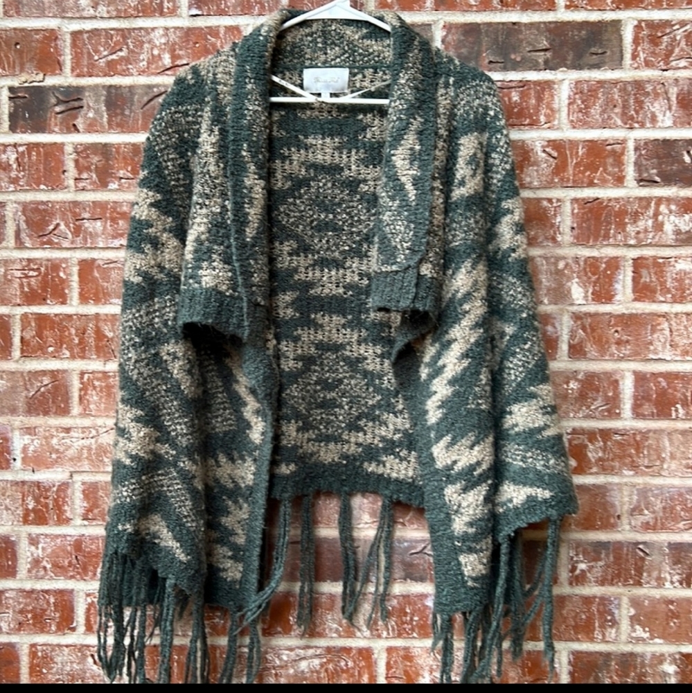 Miss Me Shawl Sweater Olive and Khaki Aztec Print
